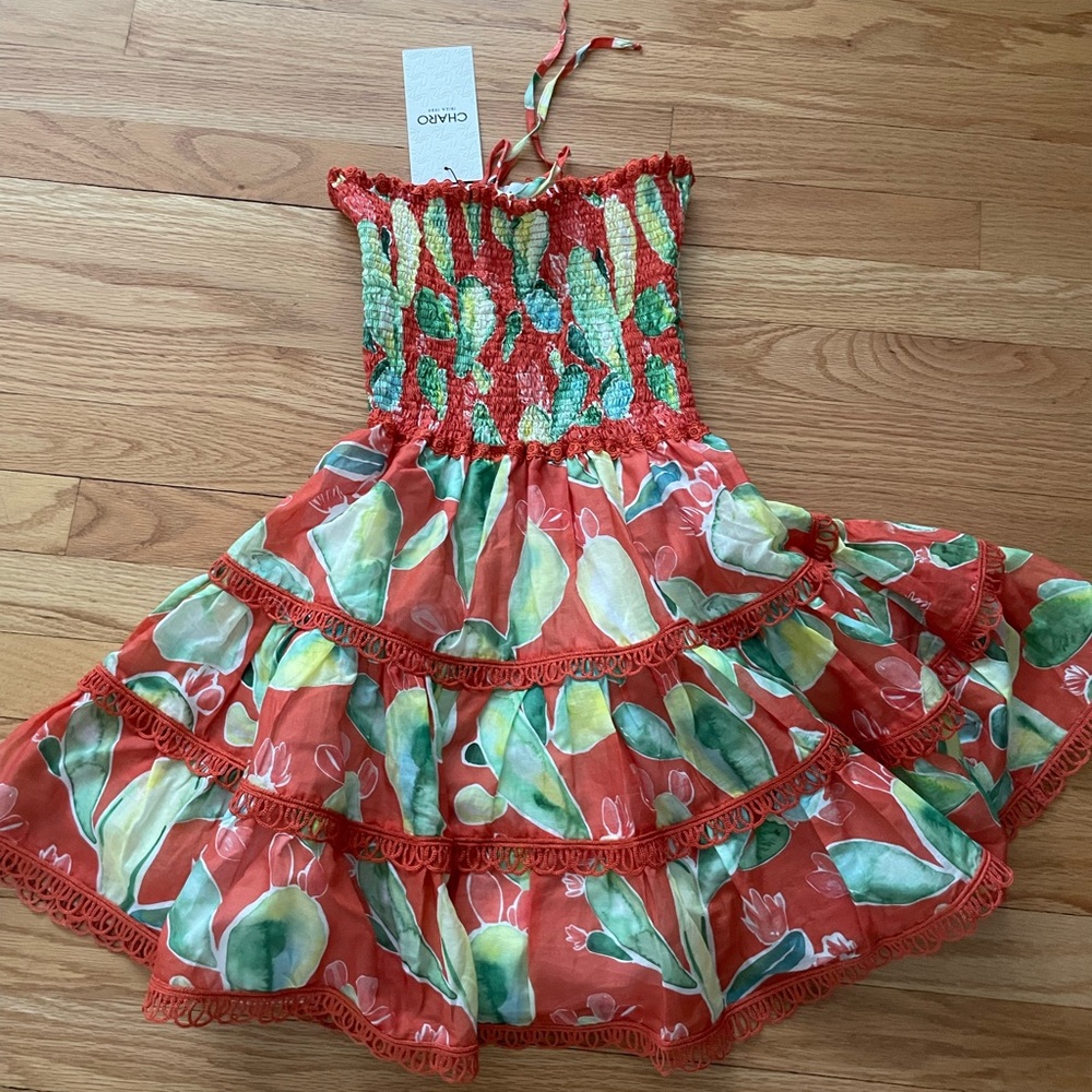 Charo Ruiz Strapless Mini Dress in Orange and Light Green Print - Picture 4 of 6